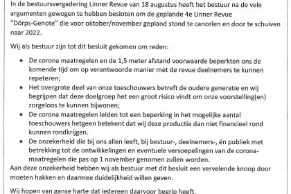 Linner Revue 2021: Dorps-Genote uitgesteld tot 2022 !