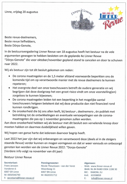 Linner Revue 2021: Dorps-Genote uitgesteld tot 2022 !